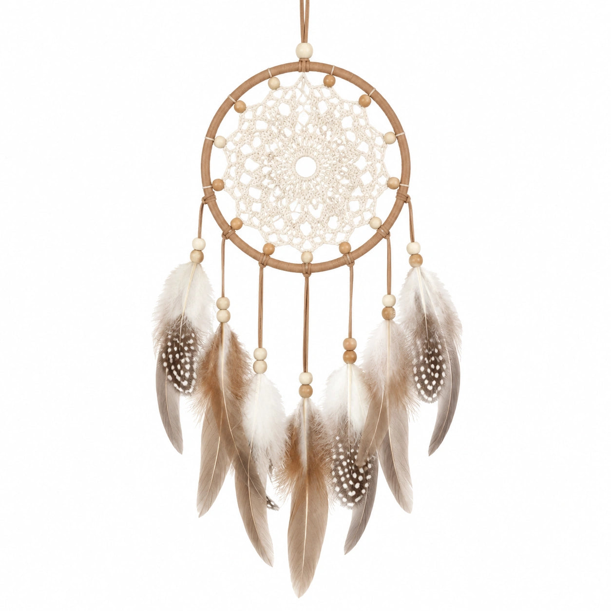 Acchiappasogni decorativo 30 x 75 cm in corda cotone legno e piume beige marrone stile boho da appendere