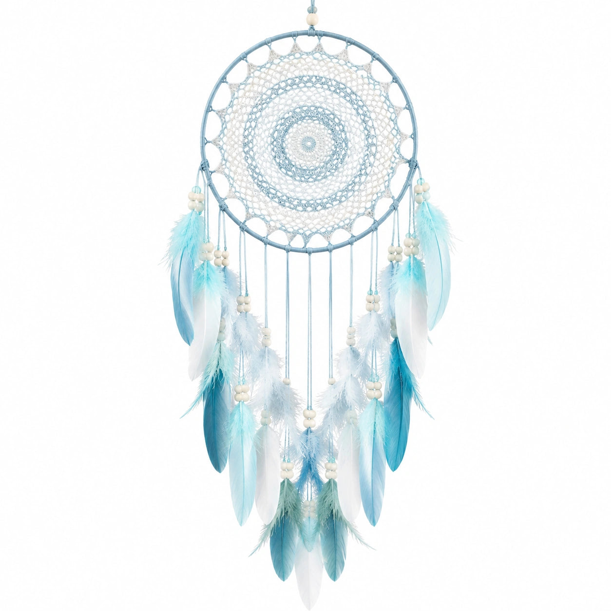 Acchiappasogni decorativo 30 x 75 cm in cordoncino tessile azzurro e bianco con piume stile boho