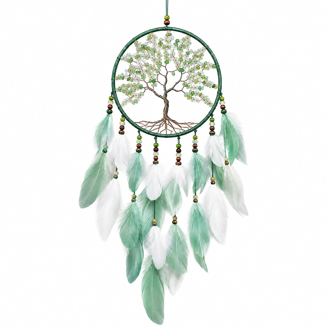 Acchiappasogni da parete 30 x 80 cm con albero decorativo perle e piume verde bianco