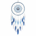 Acchiappasogni sospeso 40 x 85 cm in corda e piume blu bianco stile bohémien