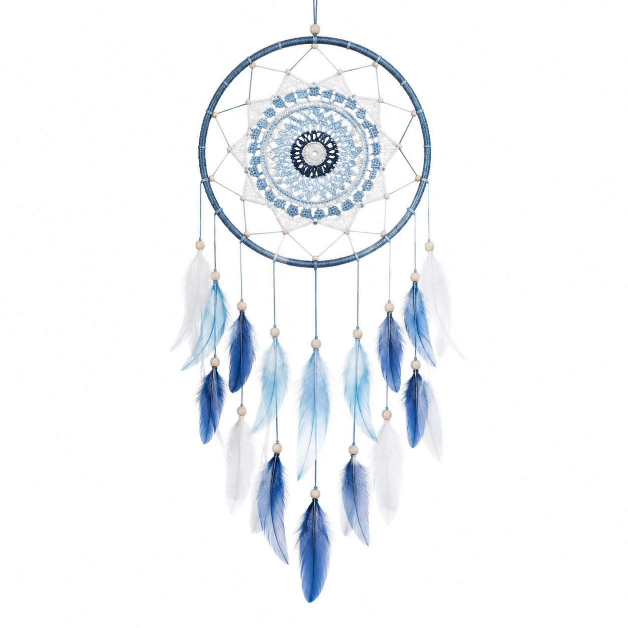 Acchiappasogni sospeso 40 x 85 cm in corda e piume blu bianco stile bohémien