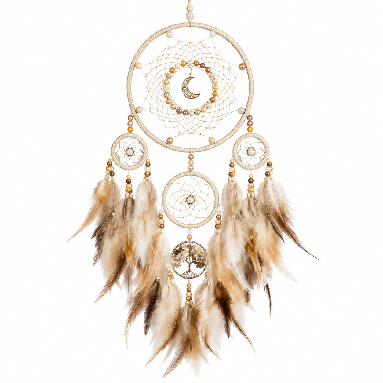 Acchiappasogni sospeso 50 x 100 cm in cordoncino beige con piume e perline stile boho decorativo
