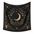 Arazzo da parete 150 x 150 cm in tessuto nero con luna e fiori stile botanico celeste