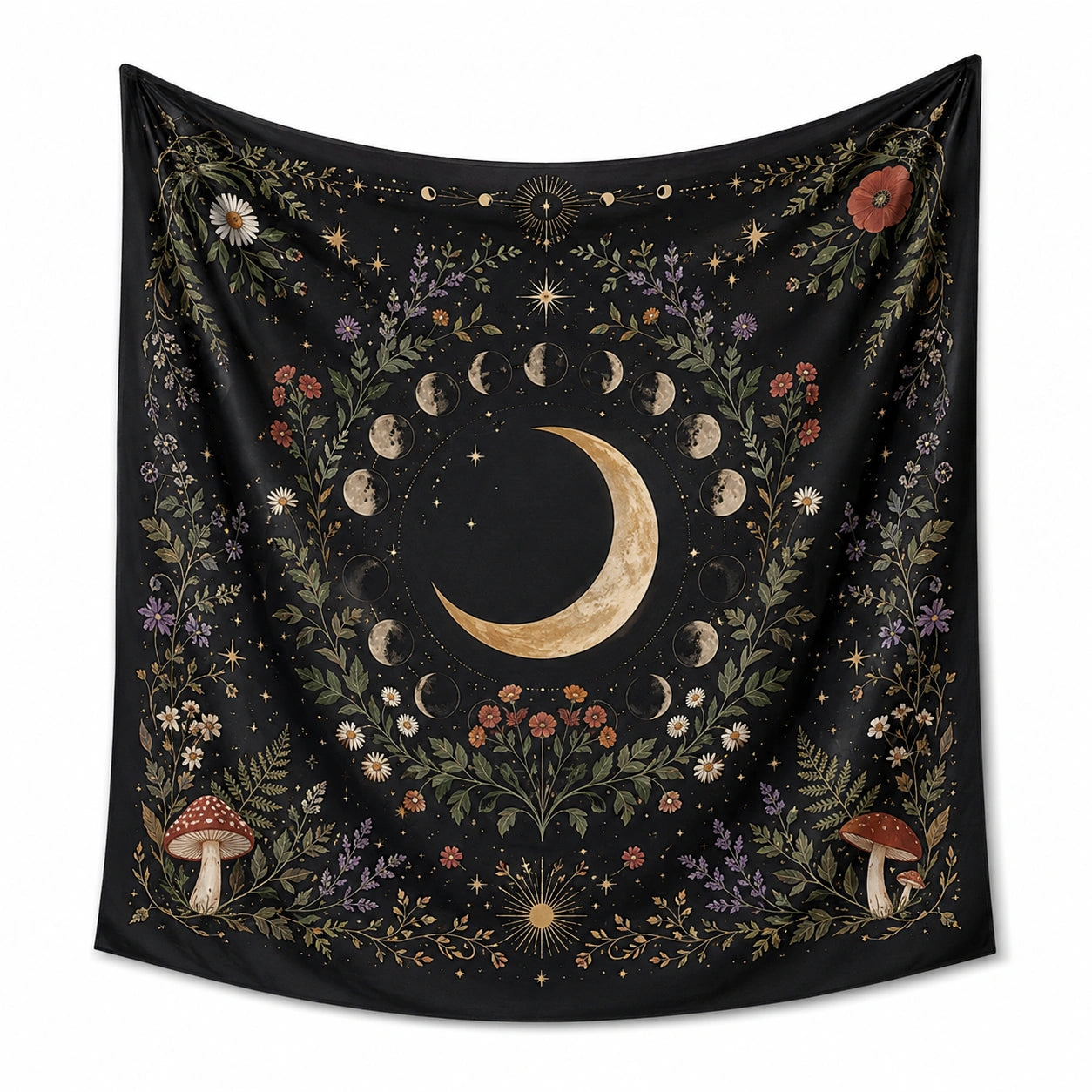 Arazzo da parete 150 x 150 cm in tessuto nero con luna e fiori stile botanico celeste