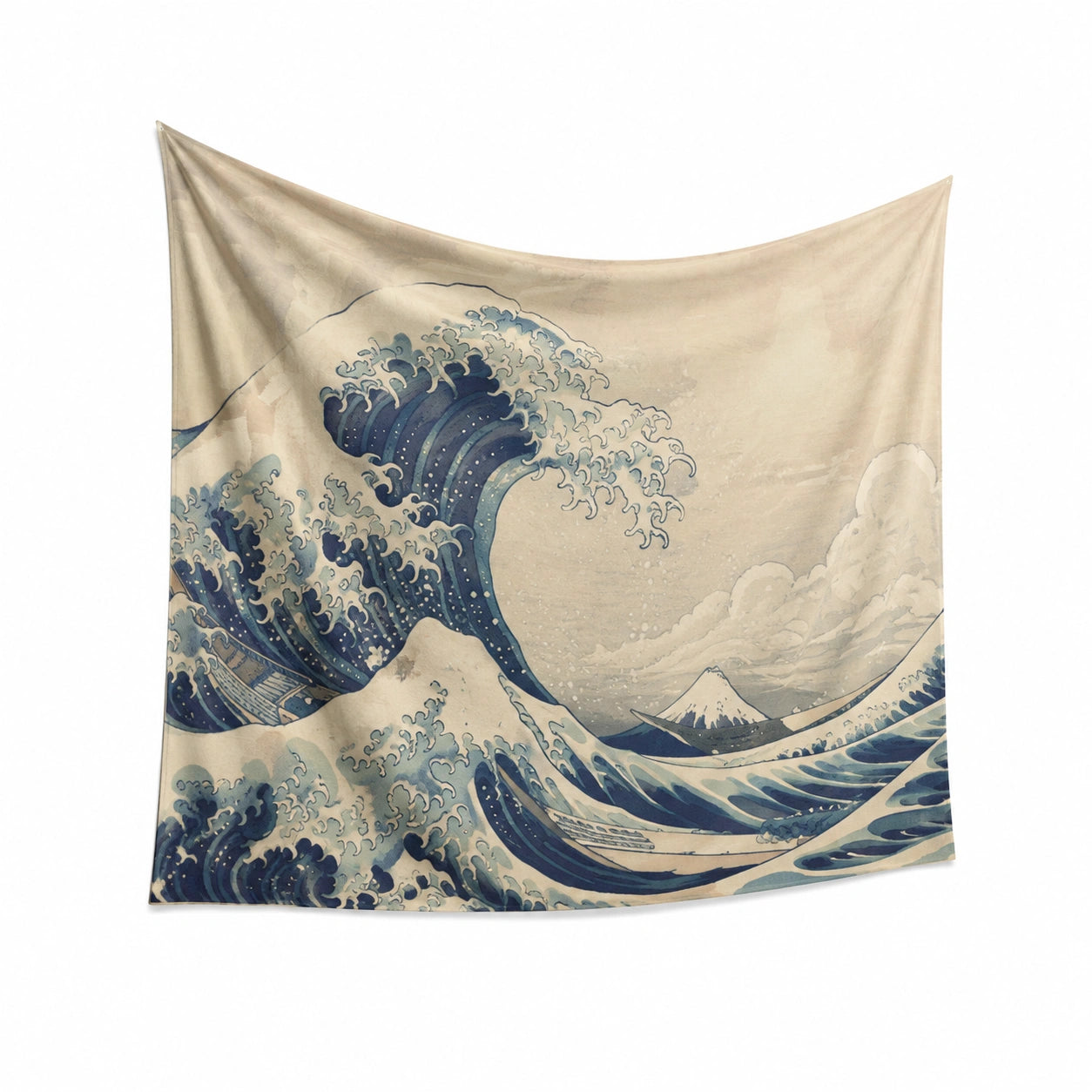 Arazzo da parete 150 x 130 cm in poliestere beige e blu con onde marine stile illustrato