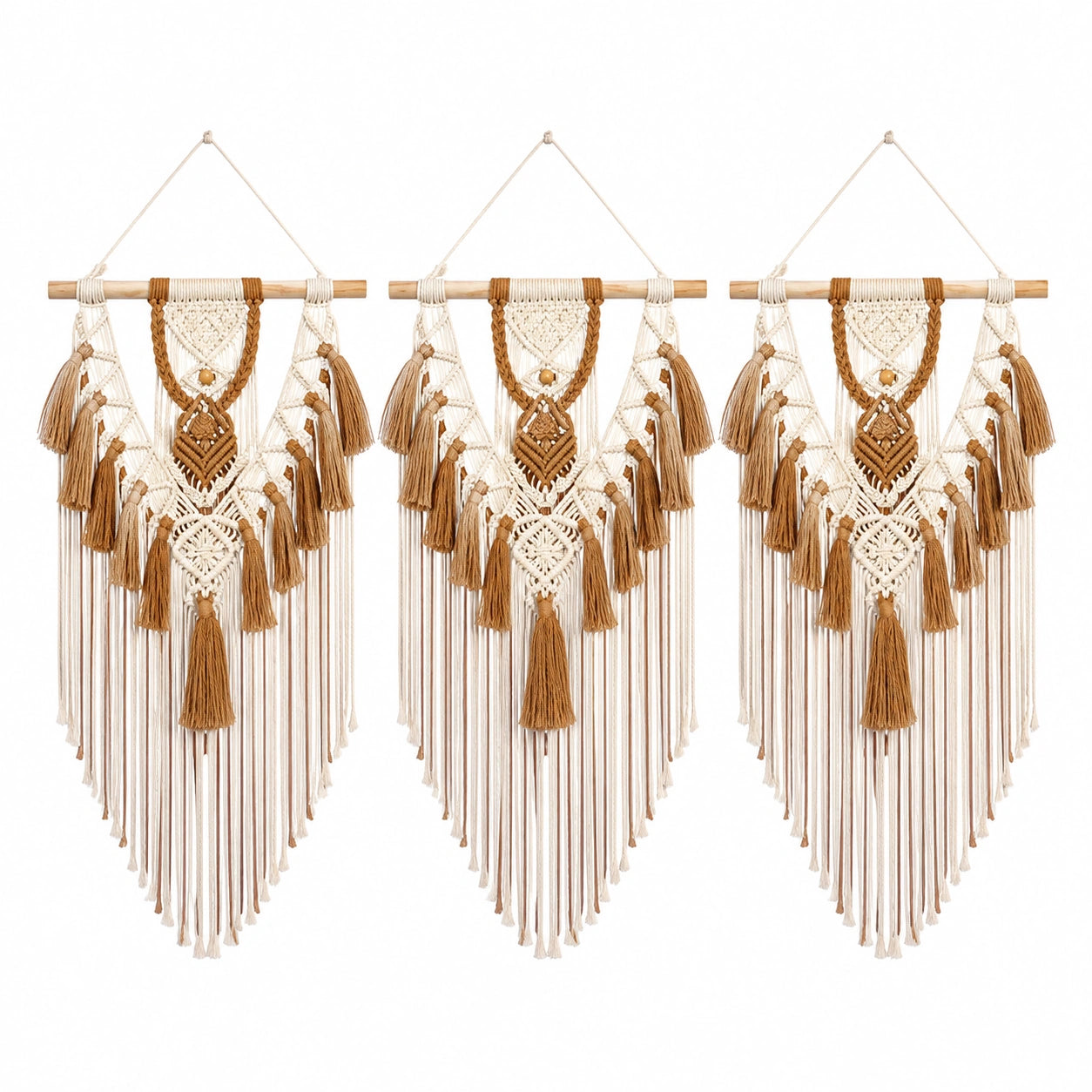 Set di 3 arazzi da parete 30 x 75 cm in cotone beige/marrone con frange stile boho