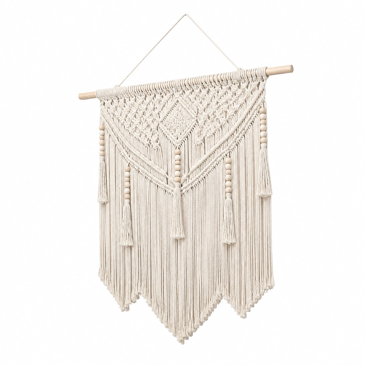 Arazzo da parete 50 x 90 cm in cordoncino tessile avorio con frange stile boho