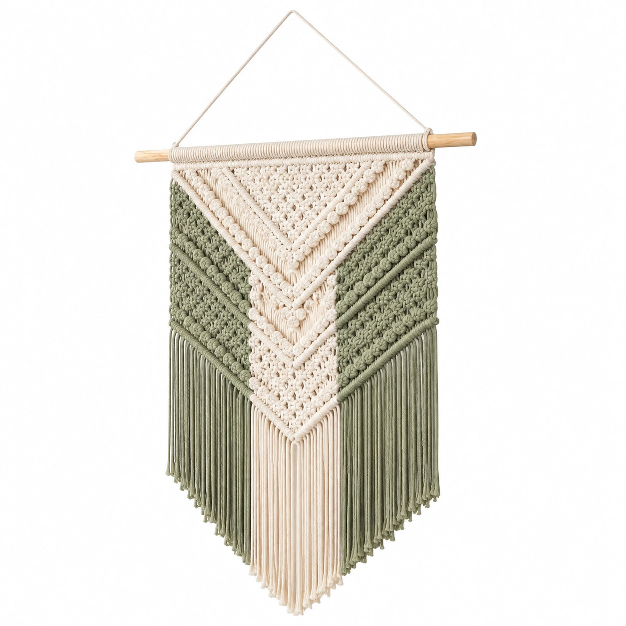Arazzo da parete macramè 40 x 90 cm in cotone verde salvia e avorio con asta in legno stile boho