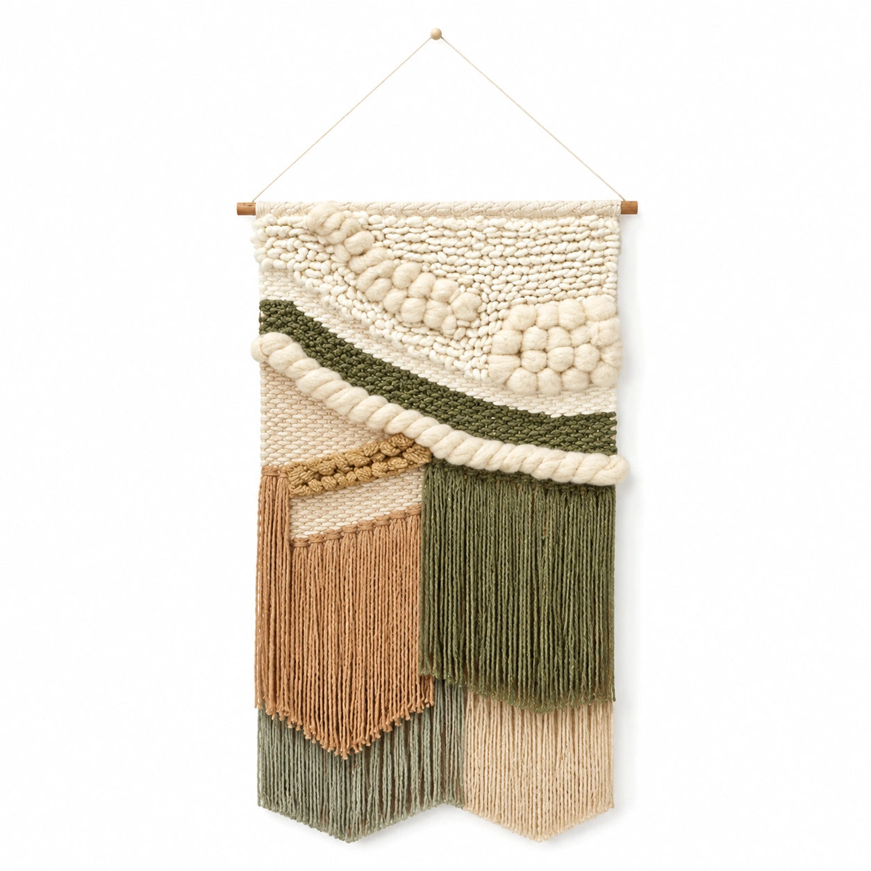 Arazzo da parete 45 x 85 cm in fibre tessili beige verde salvia con frange stile boho