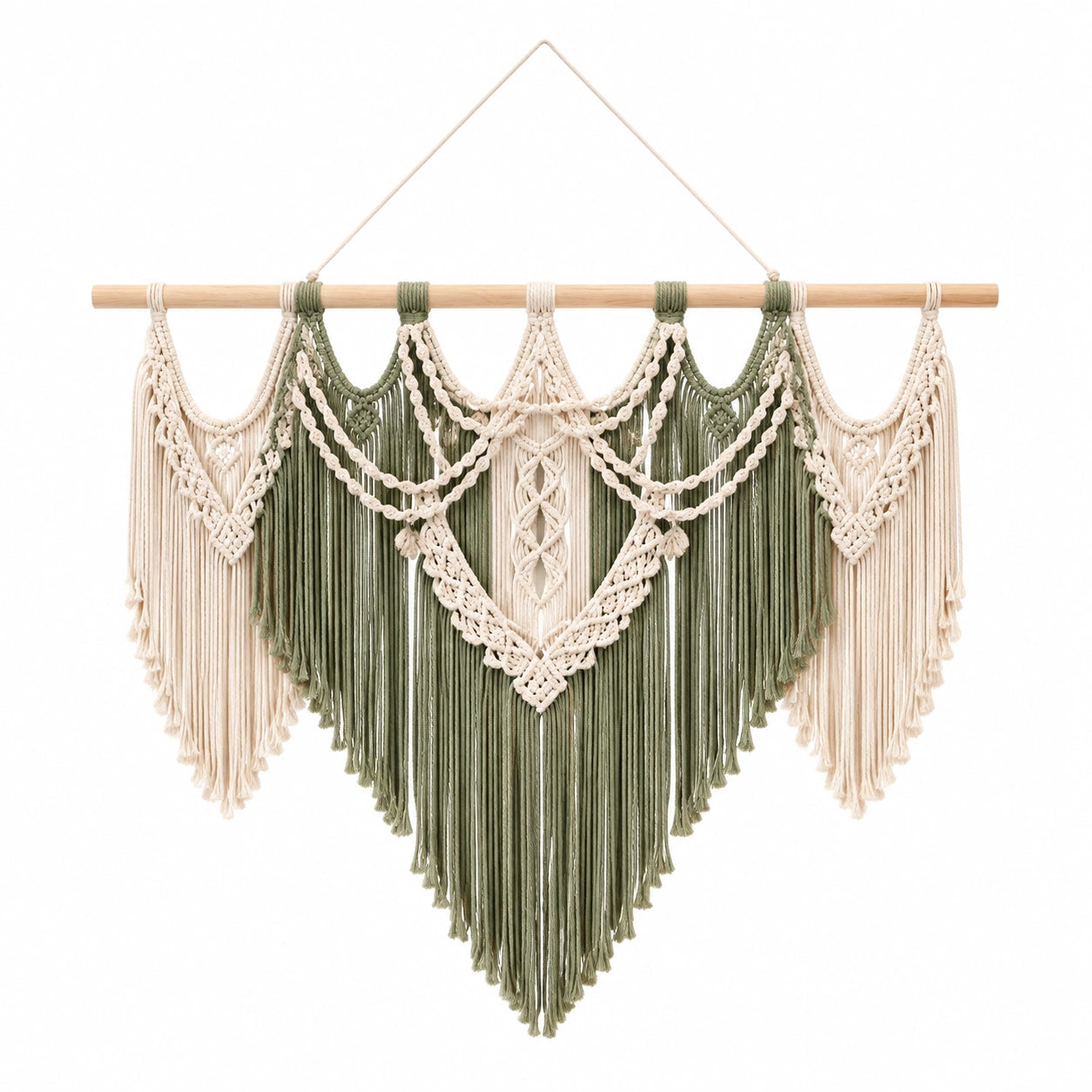 Arazzo da parete 100 x 100 cm in cotone verde salvia e beige con frange stile boho