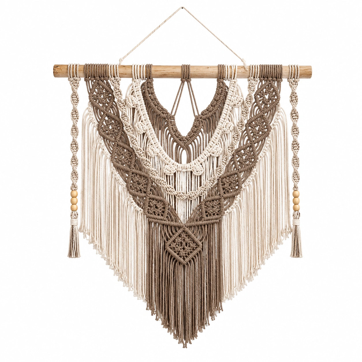 Arazzo da parete 60 x 90 cm in corda di cotone beige e marrone stile boho con frange