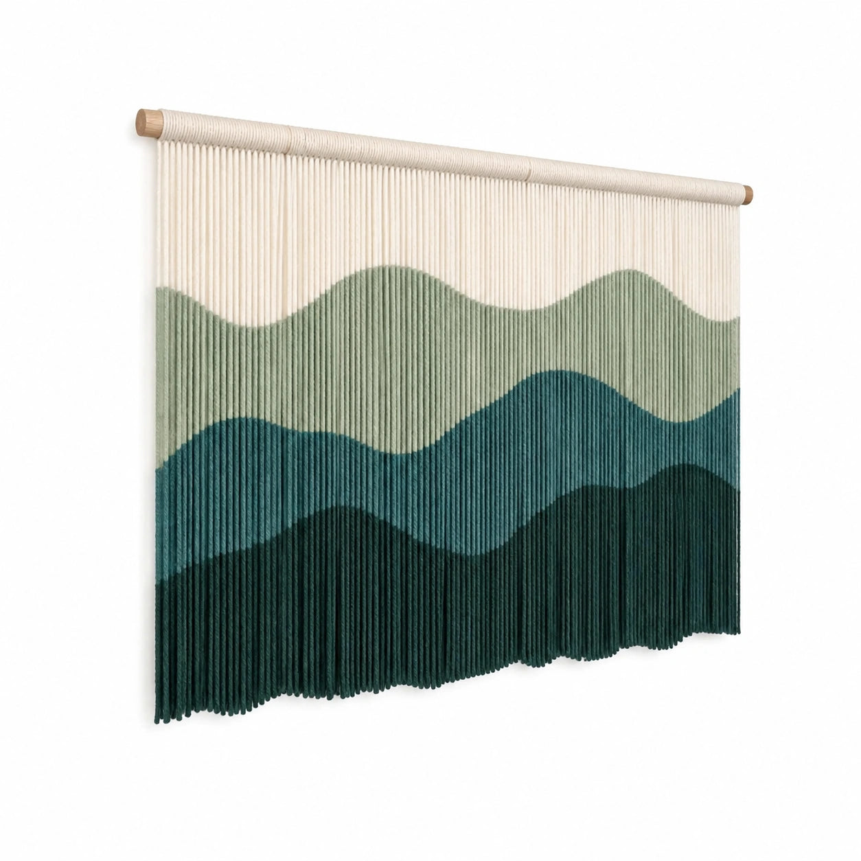 Arazzo da parete 100 x 90 cm in corda di cotone verde e crema con asta in legno - decorazione tessile a onde