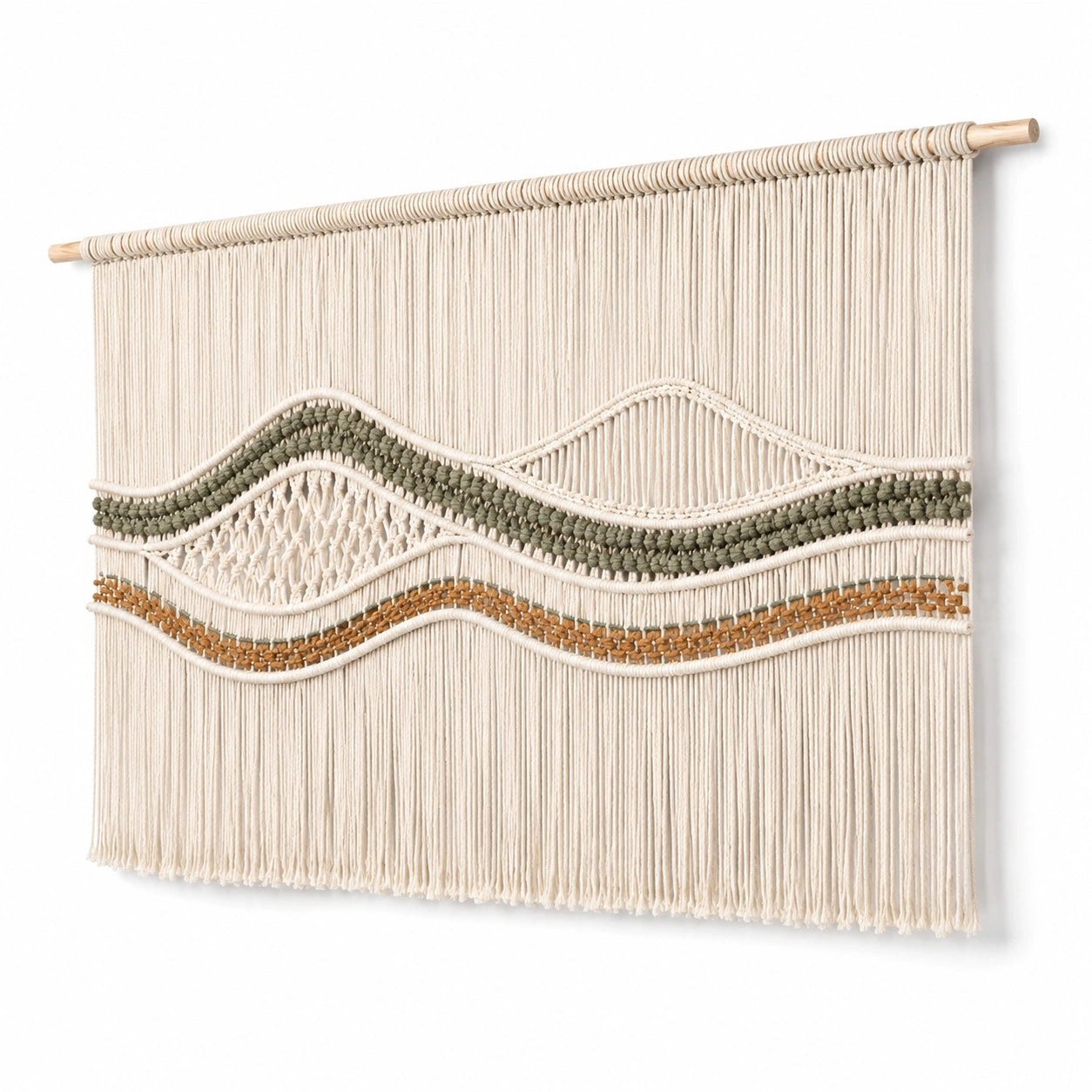 Arazzo da parete macramè 100 x 90 cm in cotone e legno beige verde e marrone stile boho