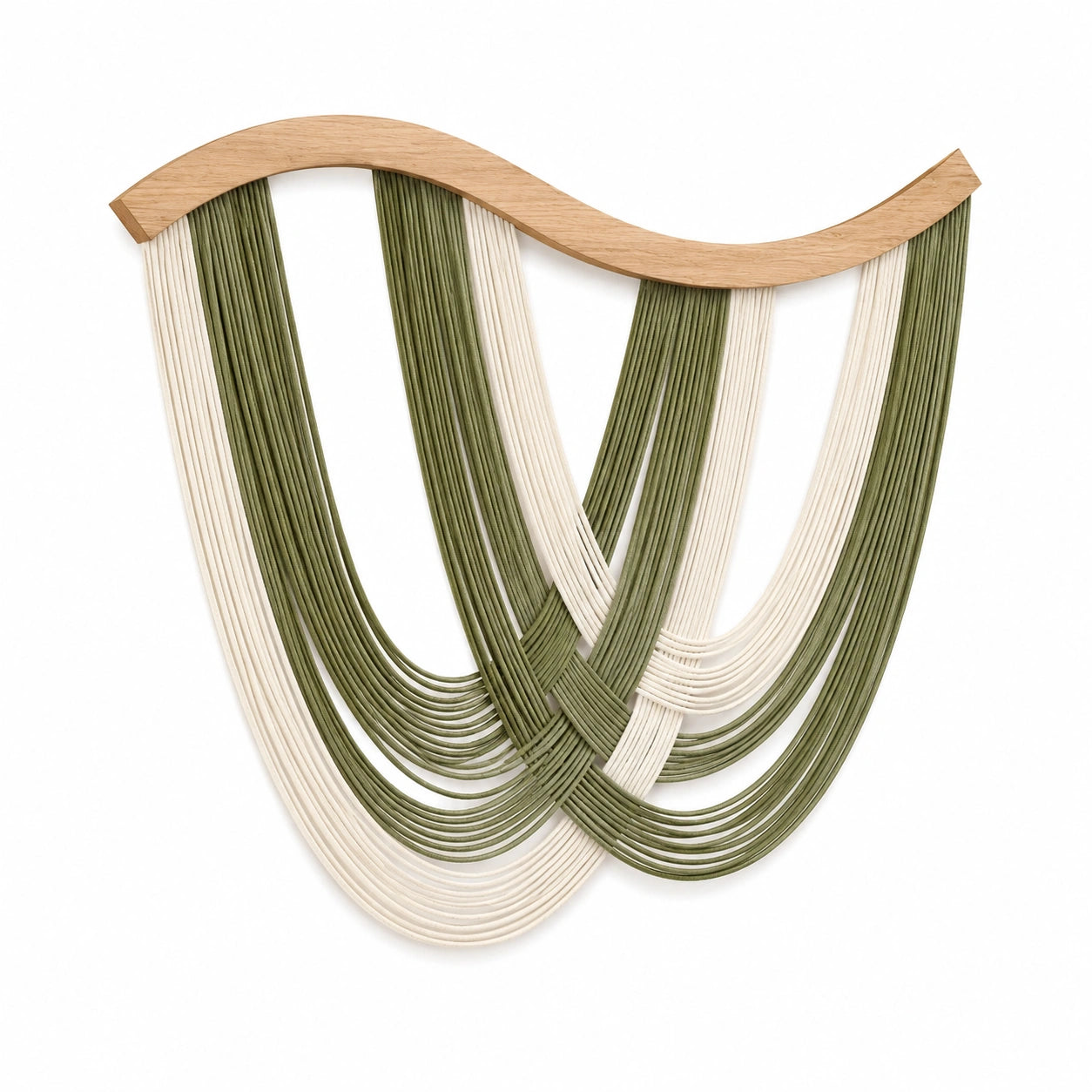 Arazzo da parete 80 x 100 cm in corda di cotone verde e crema con barra in legno stile boho