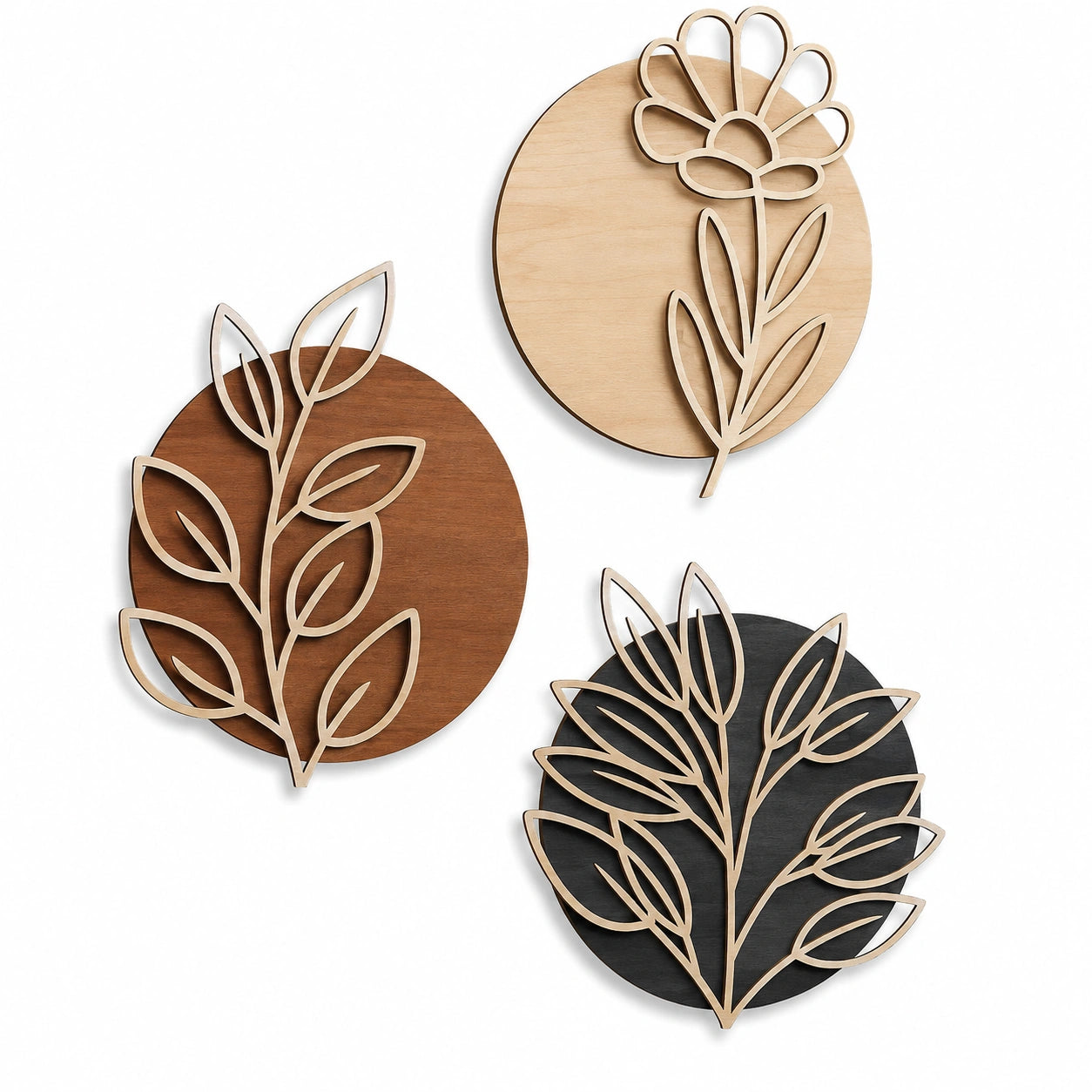Decorazione da parete set 3 pezzi diametro 30 cm in legno marrone naturale nero stile botanico