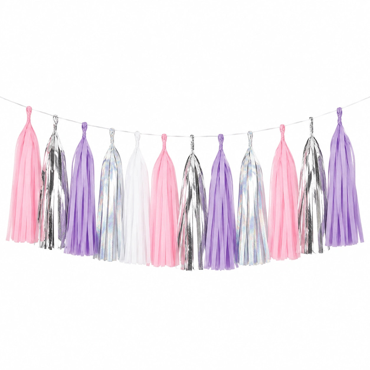 Ghirlanda decorativa con nappe 300 x 35 cm in carta rosa lilla bianco e argento per feste