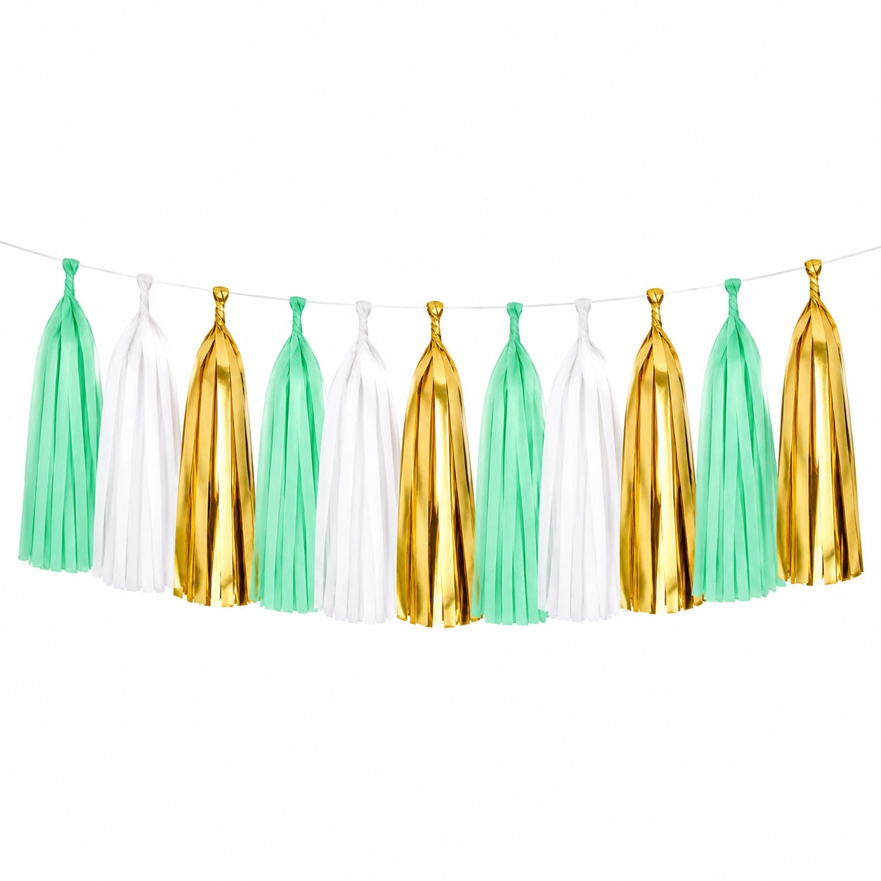 Ghirlanda con nappine 300 x 35 cm in carta verde menta bianco oro per feste