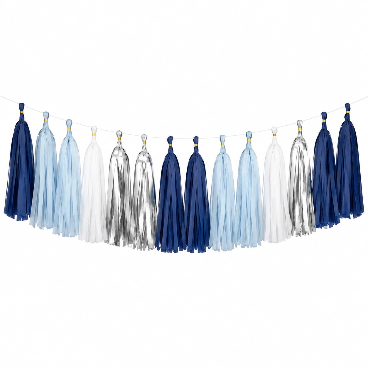 Ghirlanda decorativa con 15 nappine 300 cm in carta blu bianco argento per feste